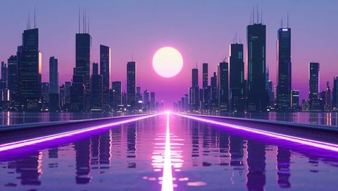Futuristic neon cityscape with elevated bridge and reflective waters