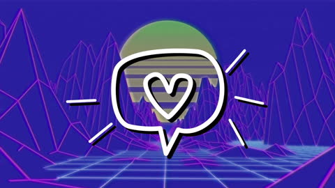 Retro Futuristic Love Chat Icon on Neon Grid Background
