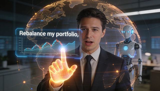 Executive touching ar finance interface with humanoid ai assistant rebalancing portfolio