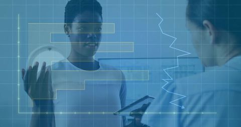 Patient and clinician reviewing digital health data on tablet with overlaid medical charts