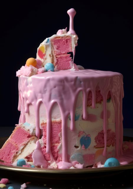 Ice cream cake with pink icing and sweets on top, created using generative ai technology - Download Free Stock Photos Pikwizard.com