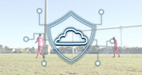 Cloud security shield over soccer pitch with connected network nodes and players