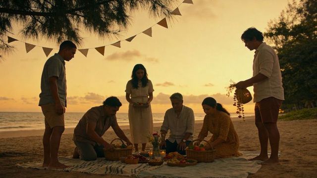 Sunset beach gathering arranging fruit and floral offerings on woven picnic blanket