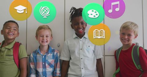Smiling Schoolboys with Educational Icons Emphasizing Connected Learning - Download Free Stock Images Pikwizard.com