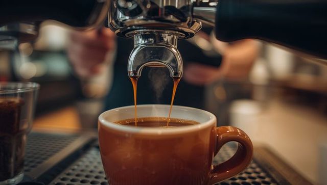 Espresso pouring from portafilter into brown ceramic cup forming thick crema