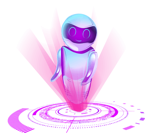 Hovering futuristic robot with holographic rings transparent background