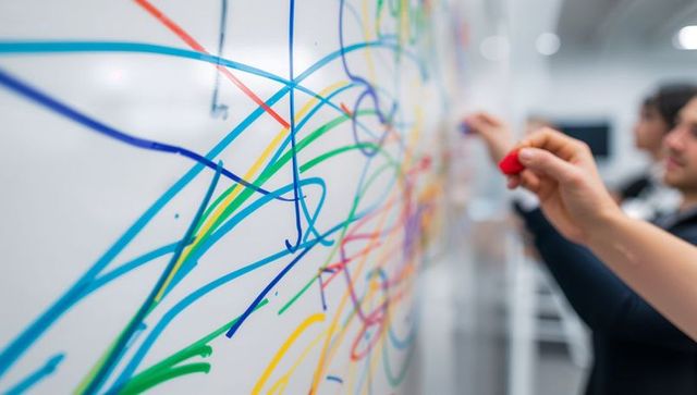 Hands writing colorful, overlapping lines on whiteboard during active brainstorming session
