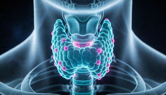 Translucent bilobed thyroid gland highlighting magenta nodules in 3d medical rendering
