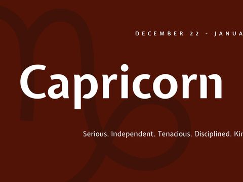 bold capricorn sign with inspiring descriptors on maroon background - Download Free Stock Templates Pikwizard.com