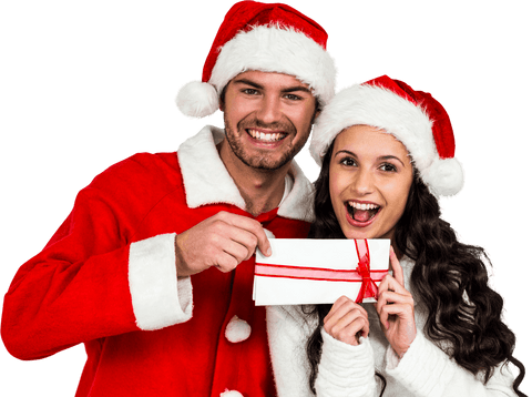Festive Couple Celebrating Christmas with Surprise Gift on Transparent Background