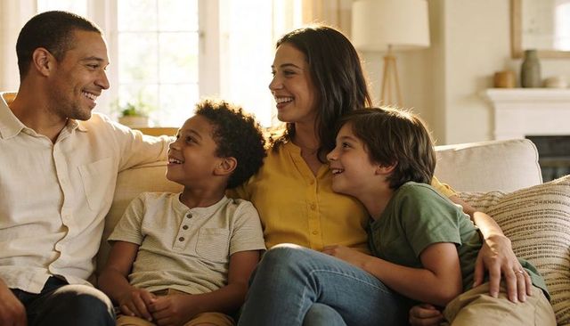 Smiling multiracial family relaxing on sofa, sharing warm moment in bright living room