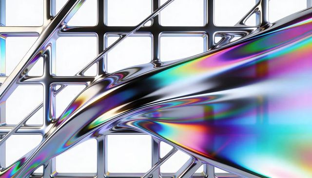 Iridescent metallic ribbon draping over chrome lattice grid futuristic prism gradient