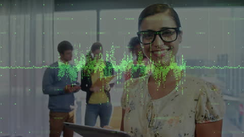 Smiling Businesswoman Analyzing Digital Financial Data