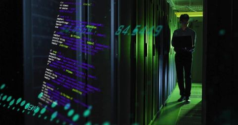 Korean IT Technician Checking Laptop in Neon-Lit Datacenter Aisle with Code Overlay