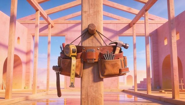 Hanging leather carpenter tool belt on timber post under rafters with tape hammer nails