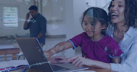 Mother guiding daughter on laptop while father multitasking with phone and digital learning overlays