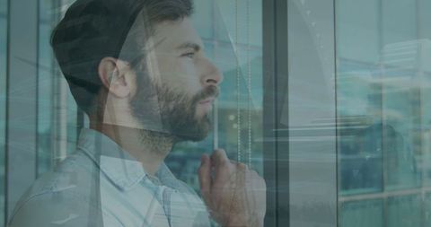 Pensive Businessman Reflecting Amidst Digital Data Overlay - Download Free Stock Images Pikwizard.com
