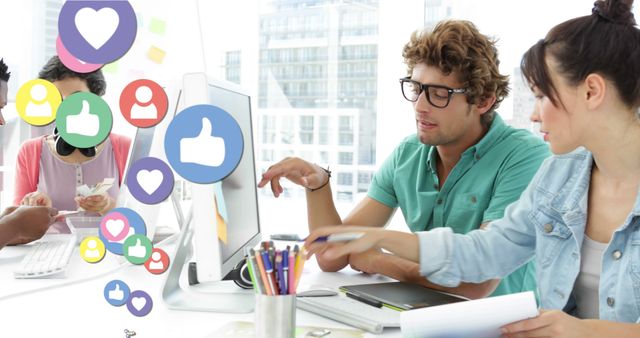 Team Collaborating in Modern Office with Social Media Icons - Download Free Stock Images Pikwizard.com