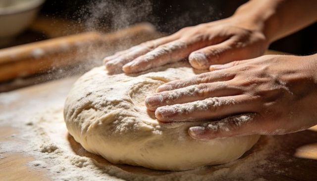 Kneading artisan bread dough on floured wooden board, close-up hands shaping sourdough loaf