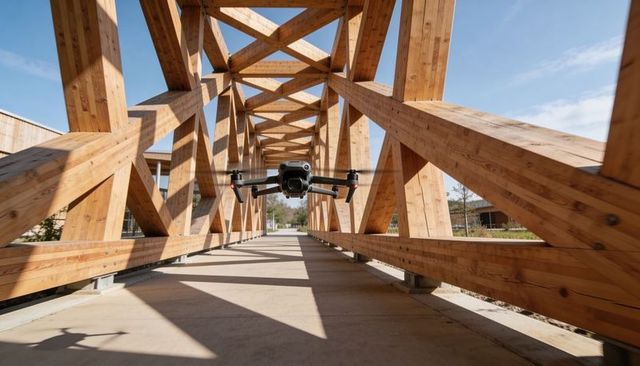 Hovering drone filming timber truss bridge walkway casting geometric light and shadow