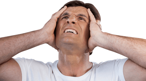 Transparent Frustration: Man with Head in Hands Looking Up