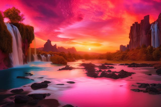 Fantasy landscape with waterfalls, river and mountains created using generative ai technology - Download Free Stock Photos Pikwizard.com