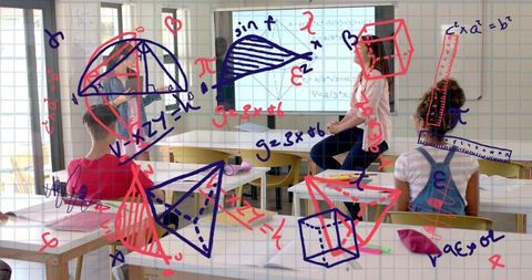 Teacher explaining geometry lesson on interactive screen with students solving algebra problems