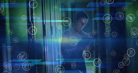 Technician in Server Room with Futuristic Digital Icons