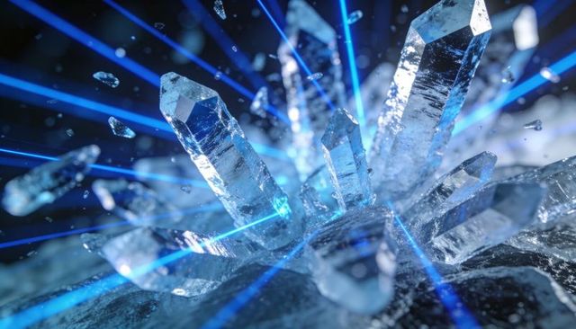 Glowing quartz crystal cluster emitting blue laser beams macro detail with ice-like prisms