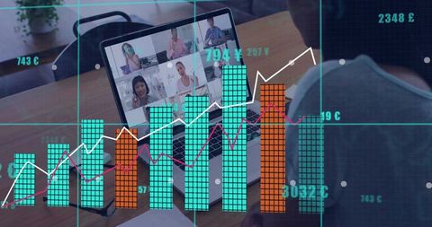Virtual conference call with financial data overlay on laptop