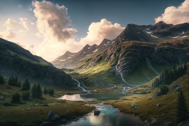 Scenic landscape with mountains, stream and sky with clouds, created using generative ai technology - Download Free Stock Photos Pikwizard.com