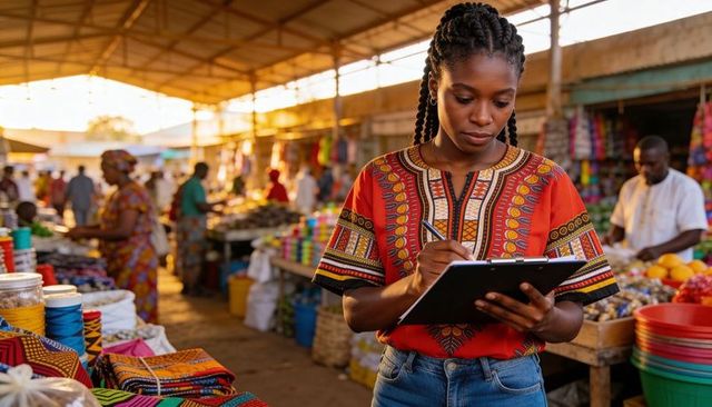 Market vendor in colorful dashiki writing on clipboard at bustling sunlit textile market