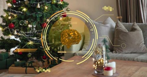 Augmented reality hud with floating golden brain over cozy christmas living room interior