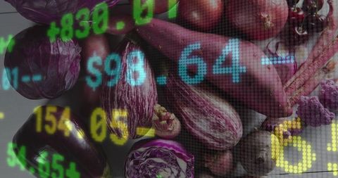 Merging purple produce with financial ticker overlay featuring eggplants, radicchio, yams