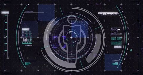Futuristic Biometric HUD Interface Scanning Human Silhouette with Circular Data Overlay