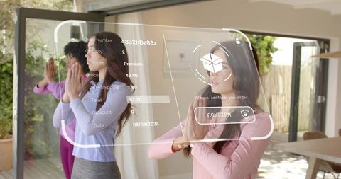 Three women practicing meditation in sunlit living room with augmented reality interface