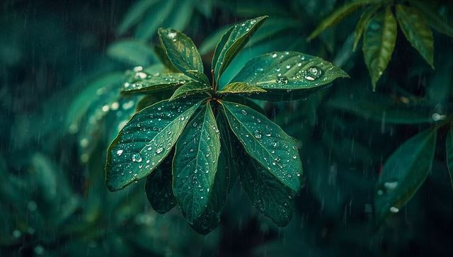 Leaf Capturing Raindrops in Lush Greenery Forest Backdrop