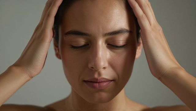 Serene young woman touching temples with closed eyes skincare and wellness portrait