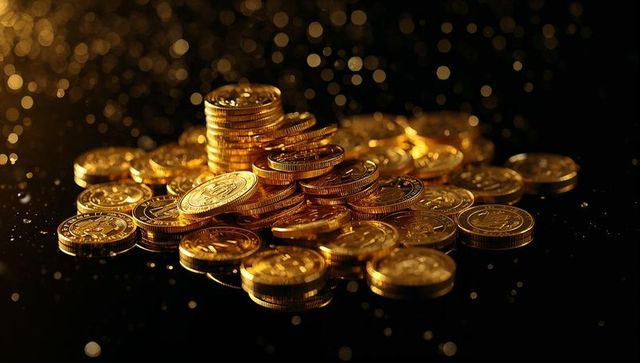Glistening gold coin pile with stacked coins on reflective black surface and bokeh