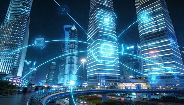 Futuristic neon smart city connecting skyscrapers with holographic network and led bridge