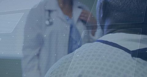 Doctor consulting patient in hospital gown with medical HUD overlay and clinical technology