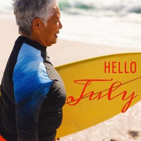 Senior Woman Embracing Surfing Adventure in July - Download Free Stock Templates Pikwizard.com