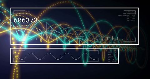 Displaying waveform HUD with neon teal and amber dotted arcs and numeric telemetry overlay