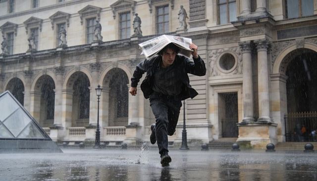 Man in suit sprinting through rain shielding head with newspaper in historic courtyard