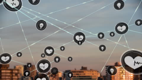 Digital Network Icons over Urban Skyline Connecting City