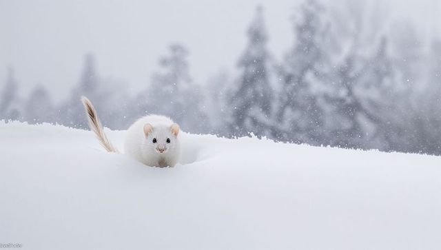 Stoat wearing white winter coat peeking from snow hollow amid falling snow and conifers