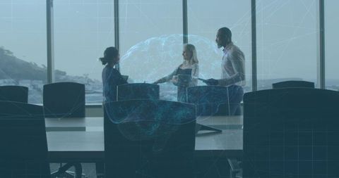 Business team shaking hands in boardroom with holographic brain overlay for AI collaboration