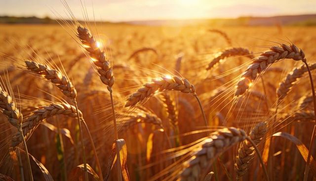 Golden wheat field glowing under warm sunset backlight with shimmering grain heads
