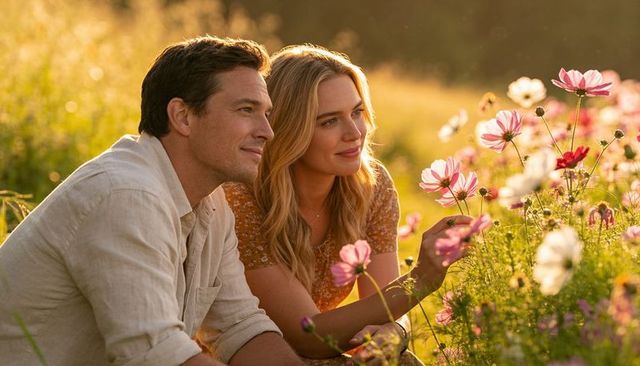 Sitting couple reaching for wildflowers in backlit golden meadow at sunset romance