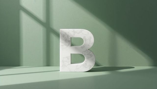 White Marble Letter B in Dappled Light on Green Surface